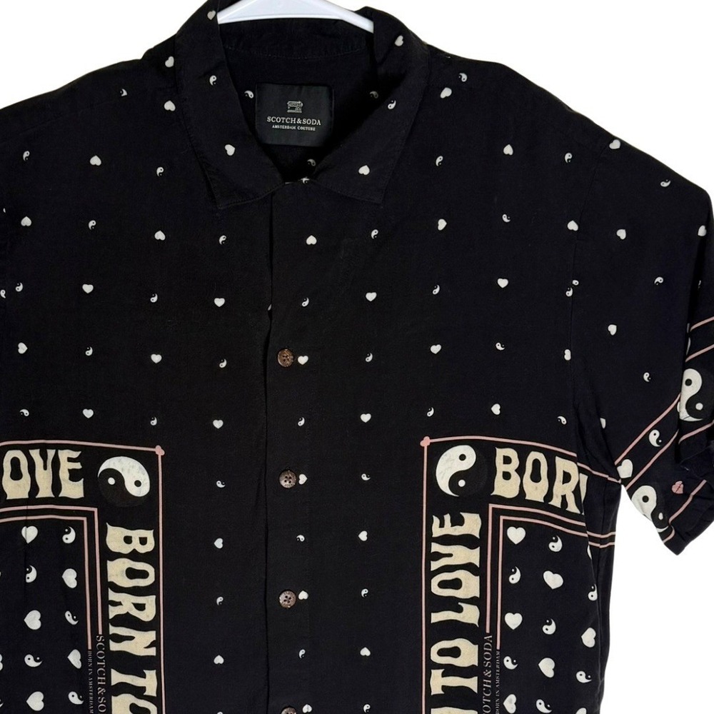 Scotch Soda Mens Black Born to Love Yin Yang Short Sleeve Button Up Shirt Size S - Picture 3 of 10